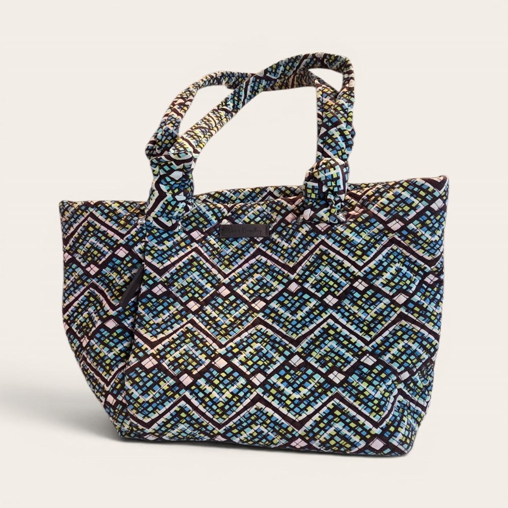 Vera Bradley‎ Quilted Cotton Tote Bag Blue Green Geometric Chevron Mosaic Print